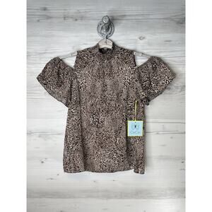 CeCe Shirt Womens‎ Medium Leopard Print Smocked Neck Cold Shoulder Blouse Top